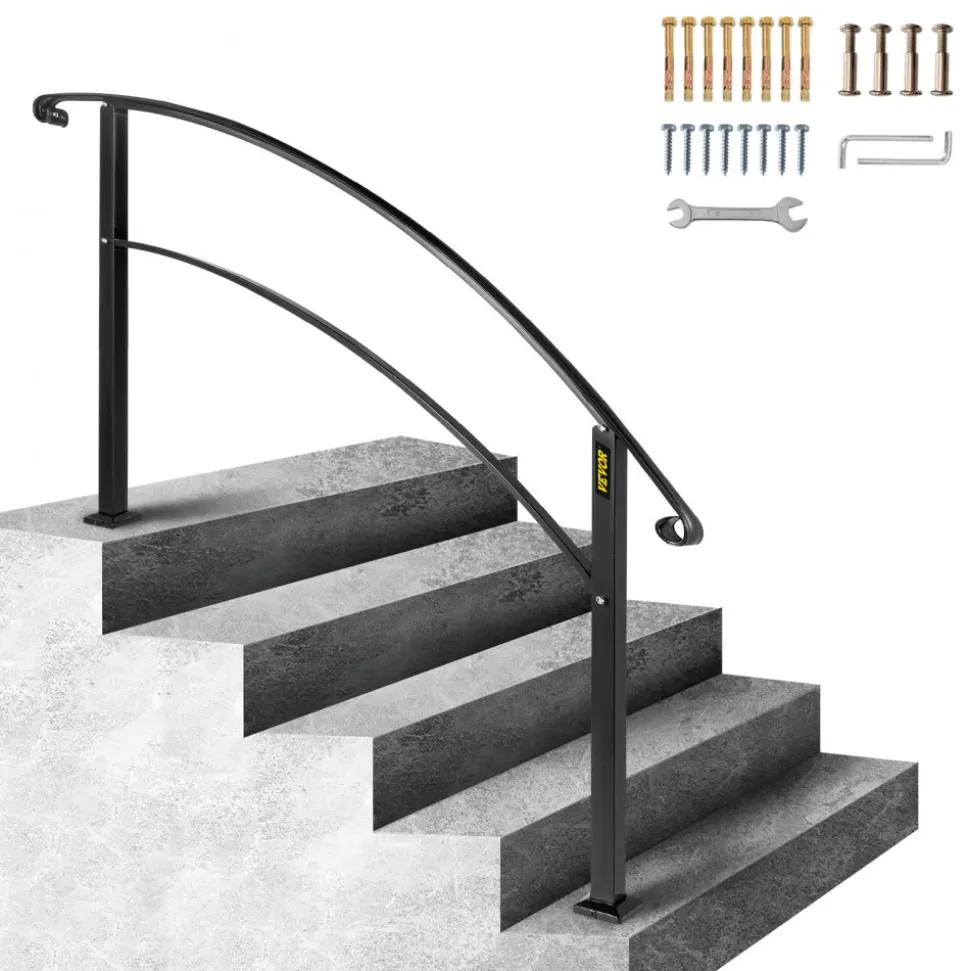 VEVOR Handrails for Outdoor Steps, Fit 1 or 5 Steps Outdoor Stair Railing, Black Wrought Iron Handrail, Flexible Front Porch Hand Rail, Transitional Handrails for Concrete Steps or Wooden Stairs