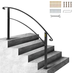 VEVOR Handrails for Outdoor Steps, Fit 1 or 5 Steps Outdoor Stair Railing, Black Wrought Iron Handrail, Flexible Front Porch Hand Rail, Transitional Handrails for Concrete Steps or Wooden Stairs