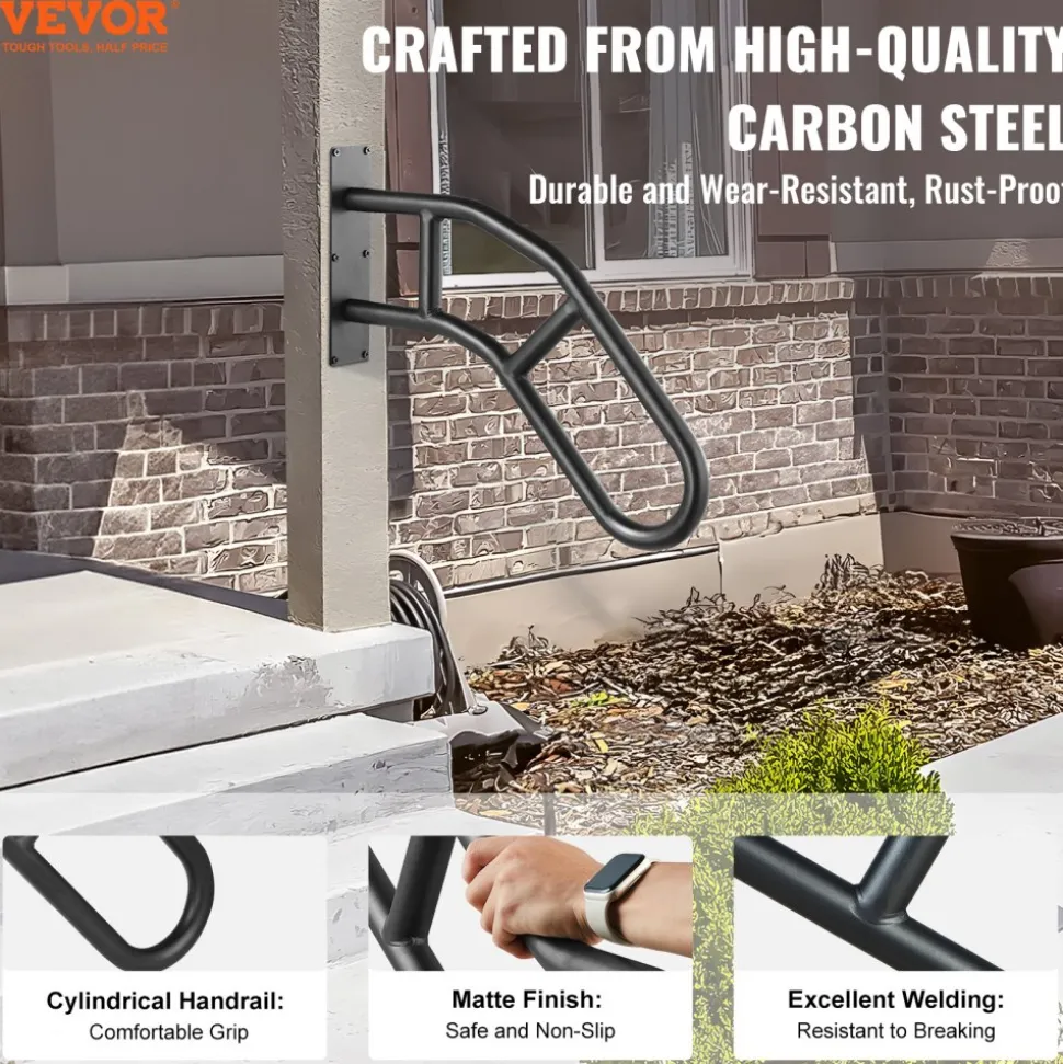 VEVOR Handrails for Outdoor Steps, 29" Length Wall Mount Safety Railings for 1-3 Steps, U-Shaped Handrail with Matte Black Finished, Stair Handrails for Kids, Elderly, Pregnant Women, Disabled