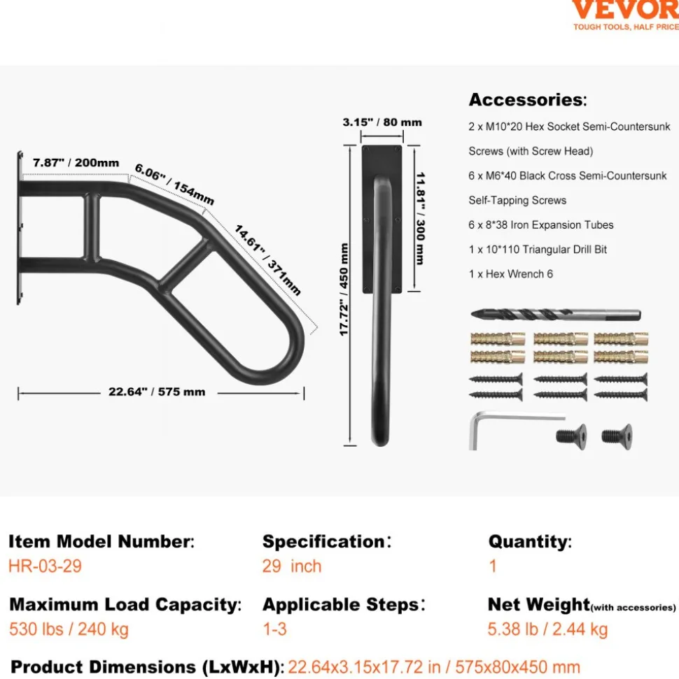VEVOR Handrails for Outdoor Steps, 29" Length Wall Mount Safety Railings for 1-3 Steps, U-Shaped Handrail with Matte Black Finished, Stair Handrails for Kids, Elderly, Pregnant Women, Disabled