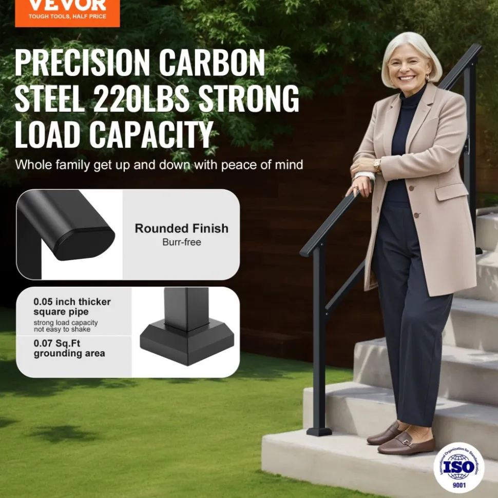VEVOR Handrails for Outdoor Steps, 4-5 Step Stair Hand Rail Kit, Transitional Carbon Steel Railings with Installation Kit, Stair Rails for Seniors, Concrete Steps & Porch & Deck, Black Square Tube