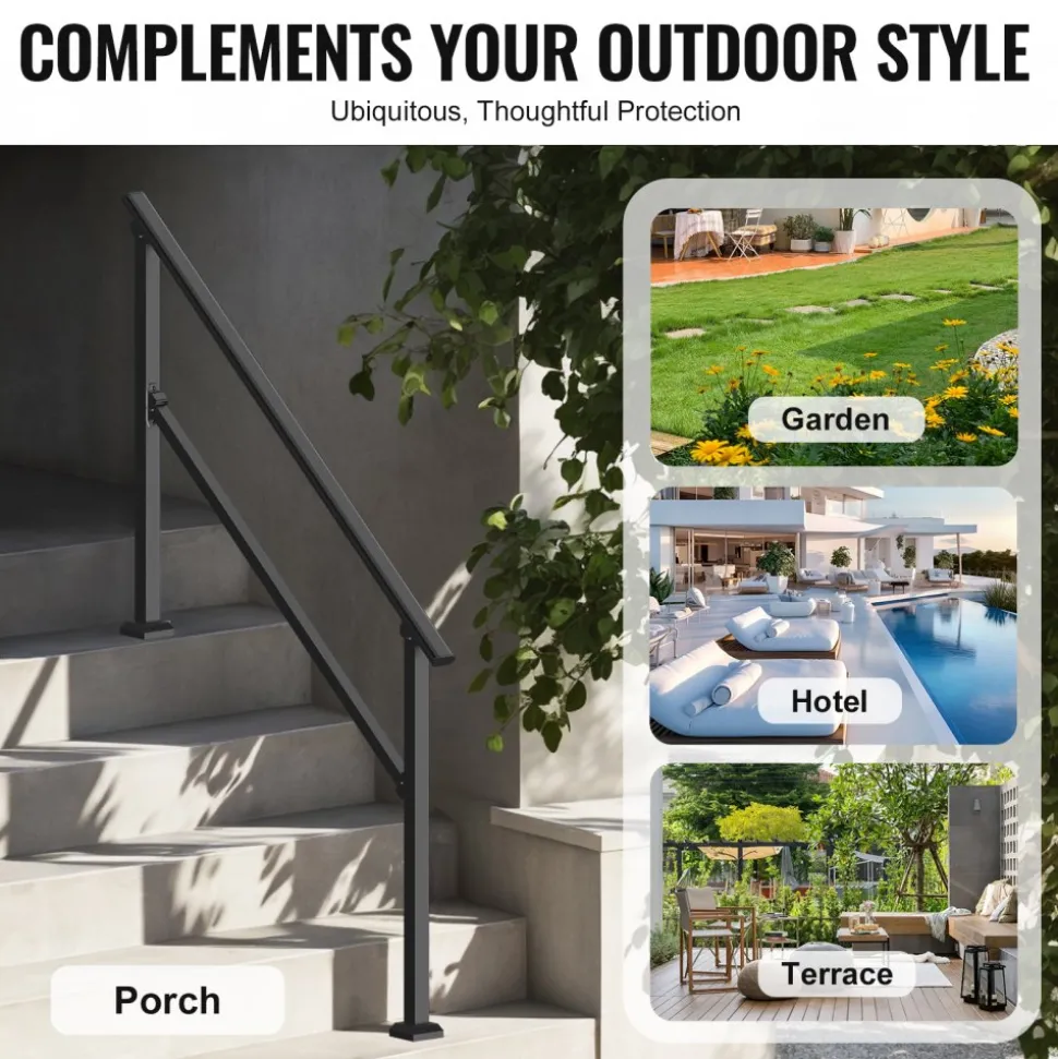 VEVOR Handrails for Outdoor Steps, 4-5 Step Stair Hand Rail Kit, Transitional Carbon Steel Railings with Installation Kit, Stair Rails for Seniors, Concrete Steps & Porch & Deck, Black Square Tube