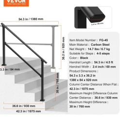VEVOR Handrails for Outdoor Steps, 4-5 Step Stair Hand Rail Kit, Transitional Carbon Steel Railings with Installation Kit, Stair Rails for Seniors, Concrete Steps & Porch & Deck, Black Square Tube