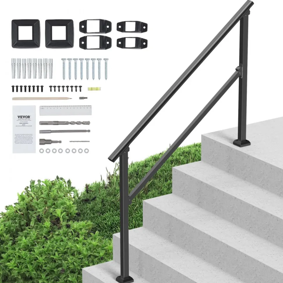 VEVOR Handrails for Outdoor Steps, 4-5 Step Stair Hand Rail Kit, Transitional Carbon Steel Railings with Installation Kit, Stair Rails for Seniors, Concrete Steps & Porch & Deck, Black Square Tube