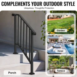 VEVOR Handrails for Outdoor Steps, 2-3 Step Stair Hand Rail Kit, Transitional Carbon Steel Railings with Installation Kit, Stair Rails for Seniors, Concrete Steps & Porch & Deck, Black Retro Arch
