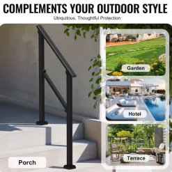 VEVOR Handrails for Outdoor Steps, 2 PCS 2-3 Step Stair Hand Rail Kit, Transitional Carbon Steel Railings with Installation Kit, Stair Rails for Seniors, Concrete & Porch & Deck, Black Square Tube