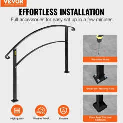 VEVOR Handrails for Outdoor Steps, Fit 1 or 3 Steps Outdoor Stair Railing, Black Wrought Iron Handrail, Flexible Front Porch Hand Rail, Transitional Handrails for Concrete Steps or Wooden Stairs