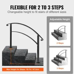 VEVOR Handrails for Outdoor Steps, Fit 1 or 3 Steps Outdoor Stair Railing, Black Wrought Iron Handrail, Flexible Front Porch Hand Rail, Transitional Handrails for Concrete Steps or Wooden Stairs