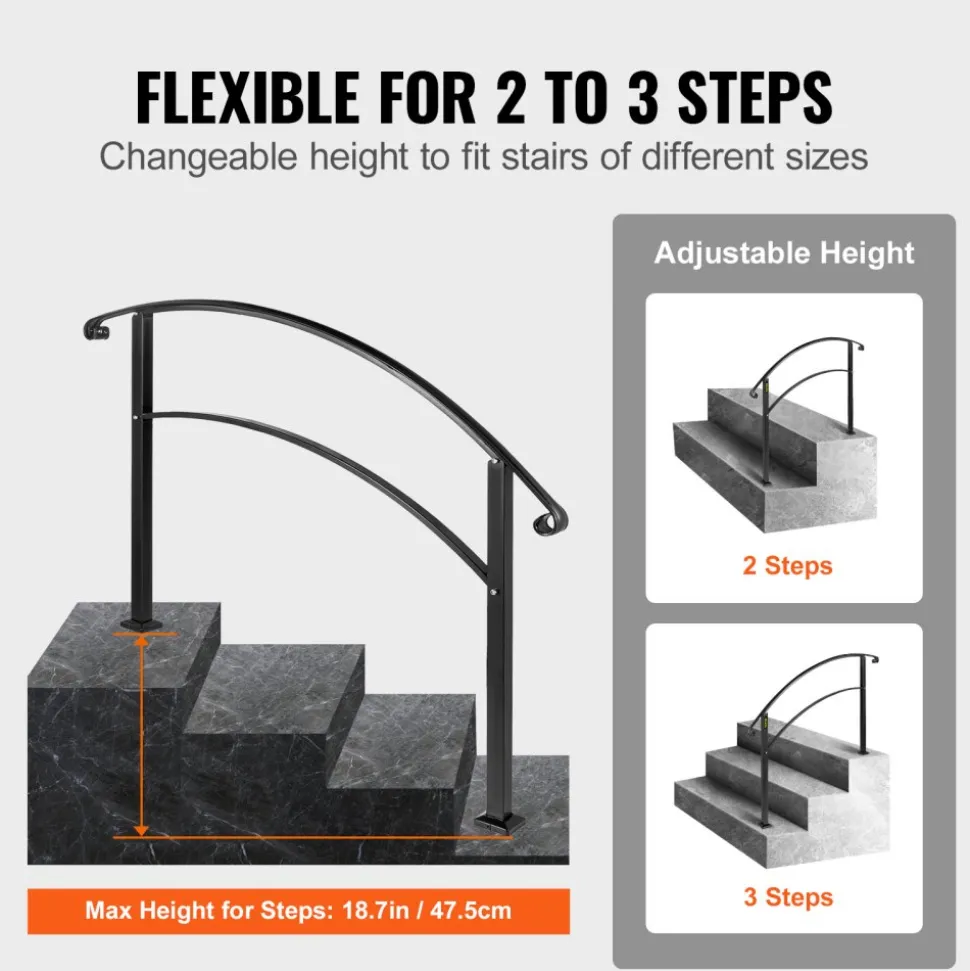 VEVOR Handrails for Outdoor Steps, Fit 1 or 3 Steps Outdoor Stair Railing, Black Wrought Iron Handrail, Flexible Front Porch Hand Rail, Transitional Handrails for Concrete Steps or Wooden Stairs
