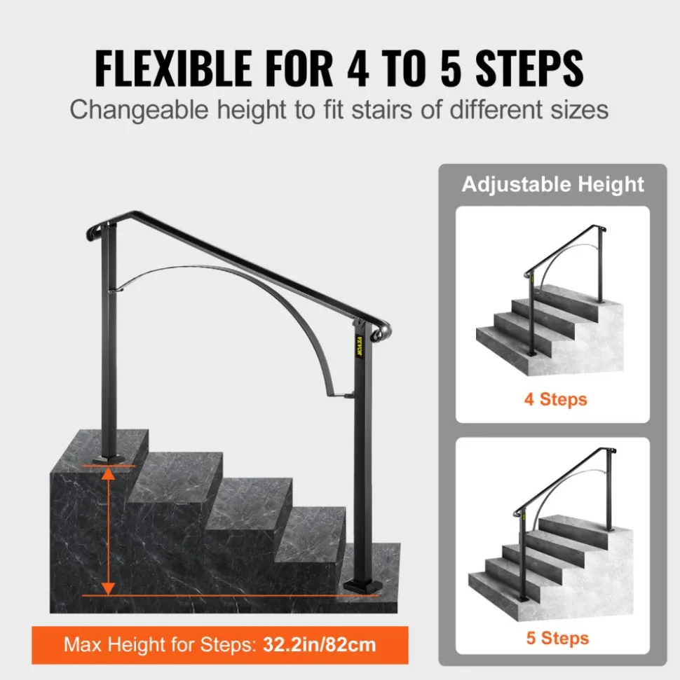 VEVOR Handrails for Outdoor Steps, Fit 4 or 5 Steps Outdoor Stair Railing, Arch#4 Wrought Iron Handrail, Flexible Porch Railing, Black Transitional Handrails for Concrete Steps or Wooden Stairs