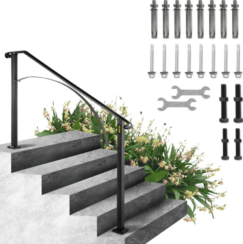 VEVOR Handrails for Outdoor Steps, Fit 4 or 5 Steps Outdoor Stair Railing, Arch#4 Wrought Iron Handrail, Flexible Porch Railing, Black Transitional Handrails for Concrete Steps or Wooden Stairs