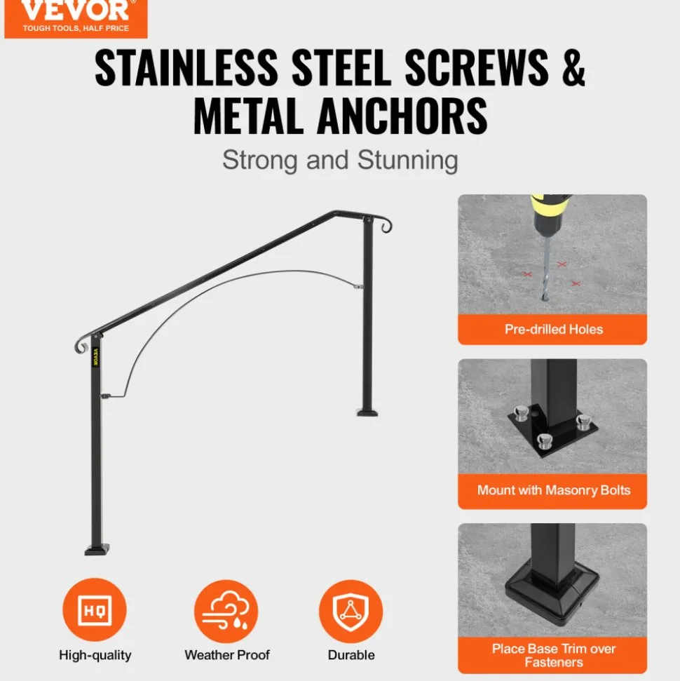 VEVOR Handrails for Outdoor Steps, Fit 4 or 5 Steps Outdoor Stair Railing, Arch#4 Wrought Iron Handrail, Flexible Porch Railing, Black Transitional Handrails for Concrete Steps or Wooden Stairs