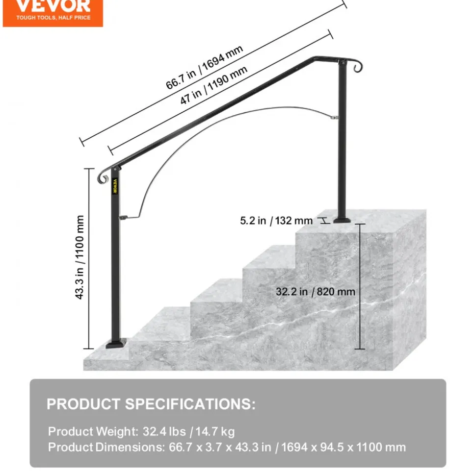 VEVOR Handrails for Outdoor Steps, Fit 4 or 5 Steps Outdoor Stair Railing, Arch#4 Wrought Iron Handrail, Flexible Porch Railing, Black Transitional Handrails for Concrete Steps or Wooden Stairs