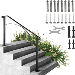 VEVOR Handrails for Outdoor Steps, Fit 4 or 5 Steps Outdoor Stair Railing, Arch#4 Wrought Iron Handrail, Flexible Porch Railing, Black Transitional Handrails for Concrete Steps or Wooden Stairs