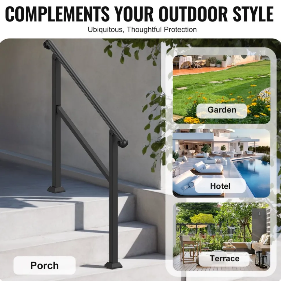VEVOR Handrails for Outdoor Steps, 2-3 Step Stair Hand Rail & Indoor Railing Kit, Railings for Outside Steps with Installation Kit, Hand Rails for Seniors,Porch Railing & Deck Hand Rail, Black