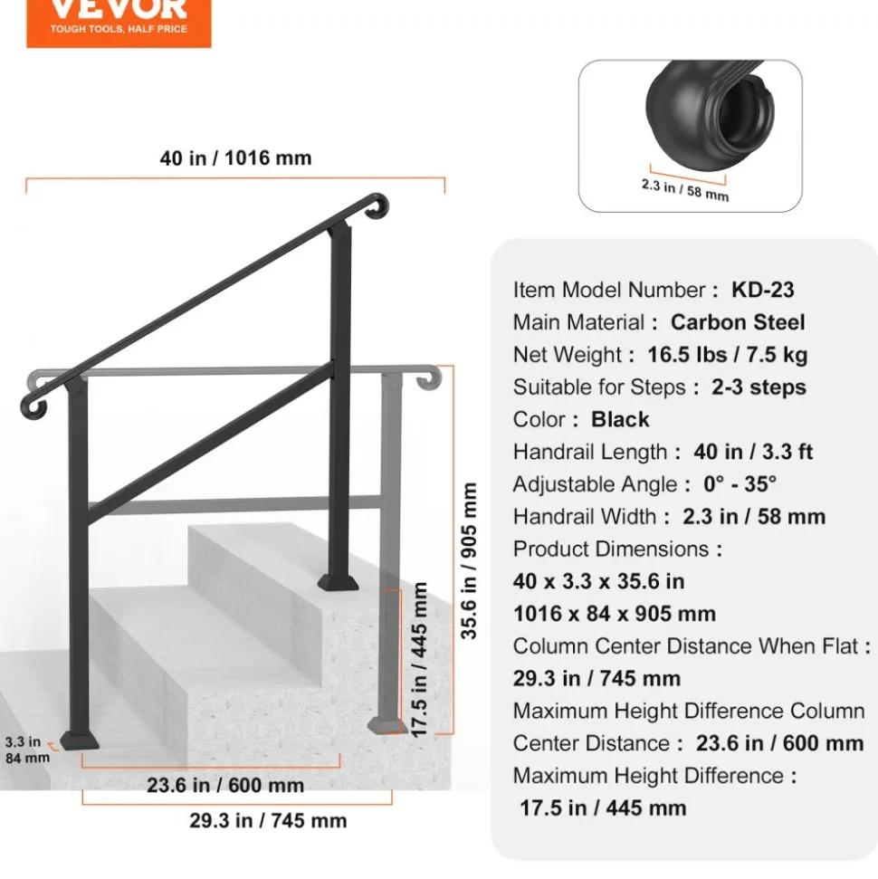 VEVOR Handrails for Outdoor Steps, 2-3 Step Stair Hand Rail & Indoor Railing Kit, Railings for Outside Steps with Installation Kit, Hand Rails for Seniors,Porch Railing & Deck Hand Rail, Black