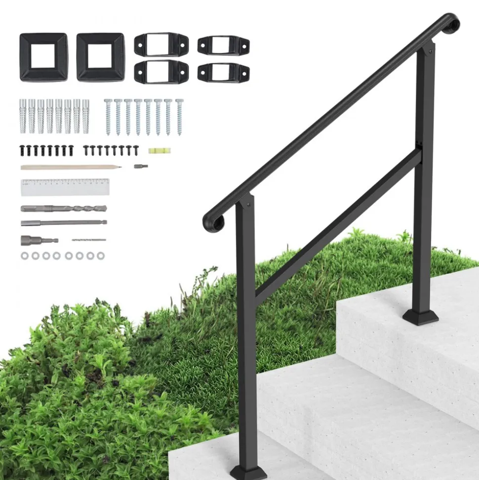 VEVOR Handrails for Outdoor Steps, 2-3 Step Stair Hand Rail & Indoor Railing Kit, Railings for Outside Steps with Installation Kit, Hand Rails for Seniors,Porch Railing & Deck Hand Rail, Black