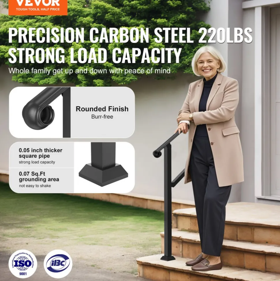 VEVOR Handrails for Outdoor Steps, 2-3 Step Stair Hand Rail & Indoor Railing Kit, Railings for Outside Steps with Installation Kit, Hand Rails for Seniors,Porch Railing & Deck Hand Rail, Black