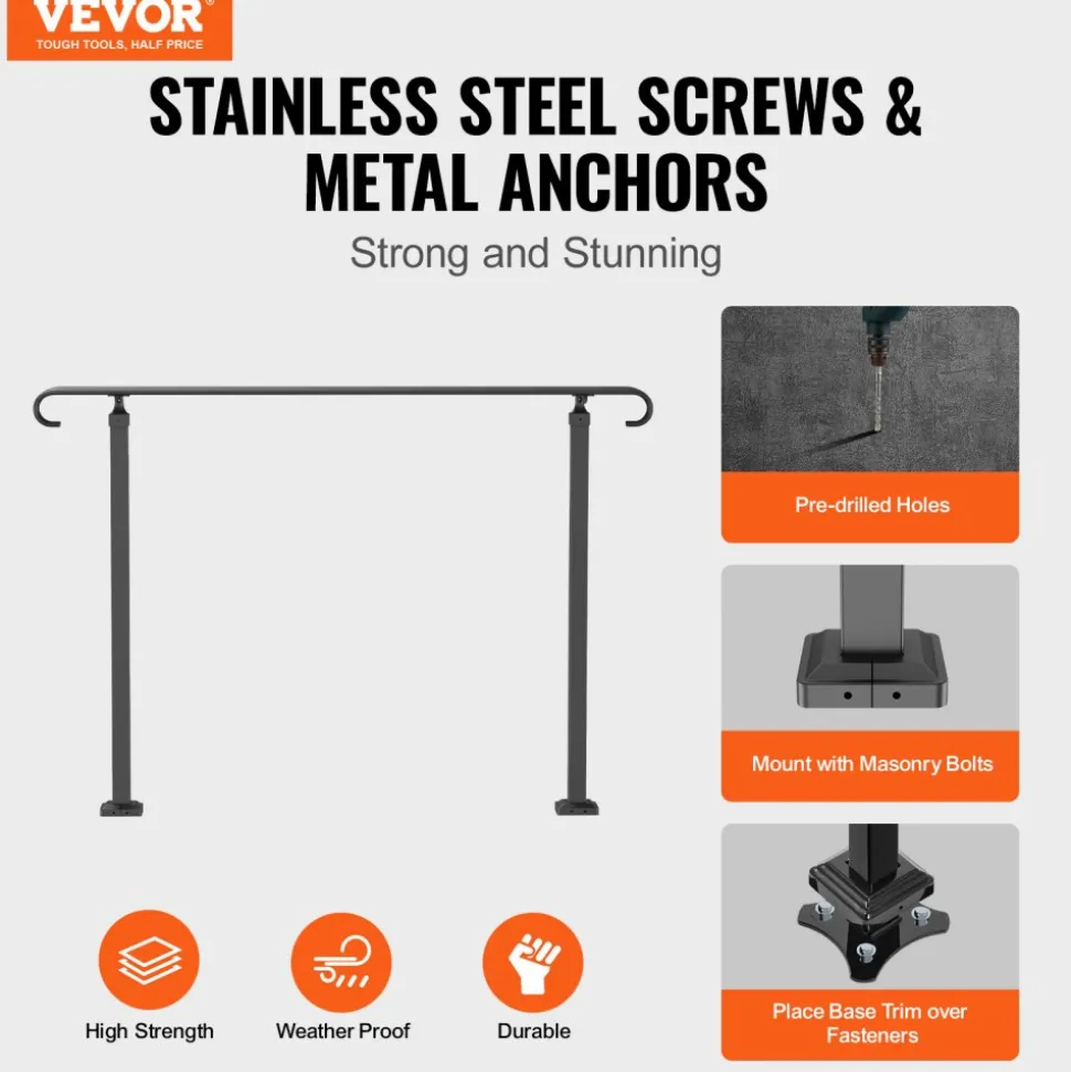 VEVOR Handrails for Outdoor Steps, Fit 3-5 Steps Outdoor Stair Railing, Wrought Iron Handrail, Flexible Front Porch Hand Rail, Black Transitional Hand railings for Concrete Steps or Wooden Stairs