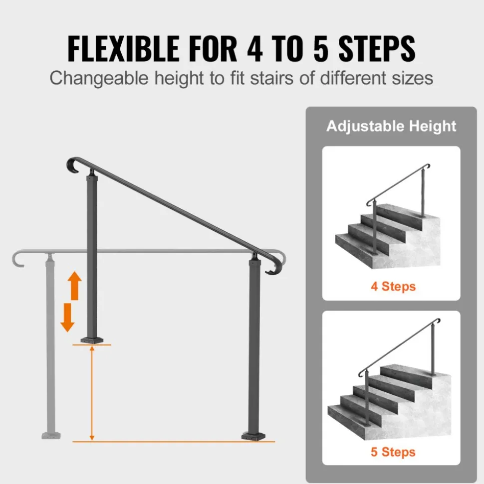 VEVOR Handrails for Outdoor Steps, Fit 3-5 Steps Outdoor Stair Railing, Wrought Iron Handrail, Flexible Front Porch Hand Rail, Black Transitional Hand railings for Concrete Steps or Wooden Stairs