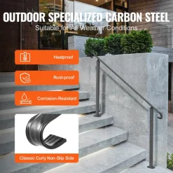 VEVOR Handrails for Outdoor Steps, Fit 3-5 Steps Outdoor Stair Railing, Wrought Iron Handrail, Flexible Front Porch Hand Rail, Black Transitional Hand railings for Concrete Steps or Wooden Stairs