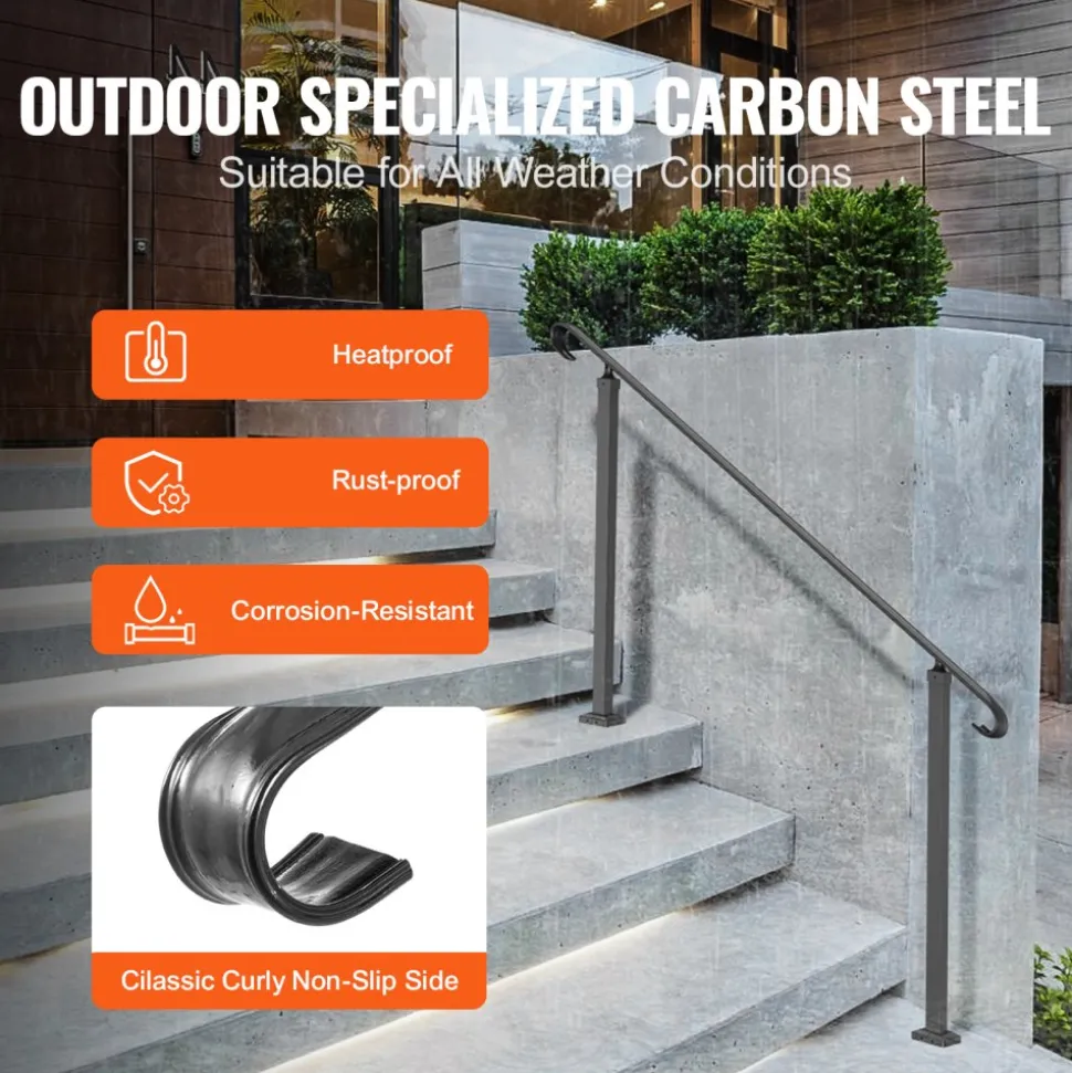 VEVOR Handrails for Outdoor Steps, Fit 3-5 Steps Outdoor Stair Railing, Wrought Iron Handrail, Flexible Front Porch Hand Rail, Black Transitional Hand railings for Concrete Steps or Wooden Stairs