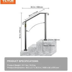VEVOR Handrails for Outdoor Steps, Fit 2 or 3 Steps Outdoor Stair Railing, Arch#2 Wrought Iron Handrail, Flexible Porch Railing, Black Transitional Handrails for Concrete Steps or Wooden Stairs
