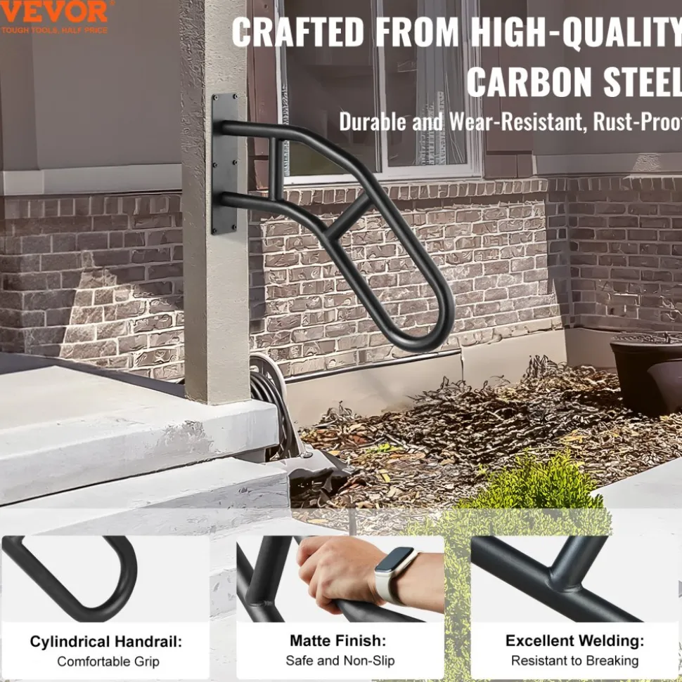 VEVOR Handrails for Outdoor Steps, 32" Length Wall Mount Safety Railings for 1-3 Steps, U-Shaped Handrail with Matte Black Finished, Stair Handrails for Kids, Elderly, Pregnant Women, Disabled
