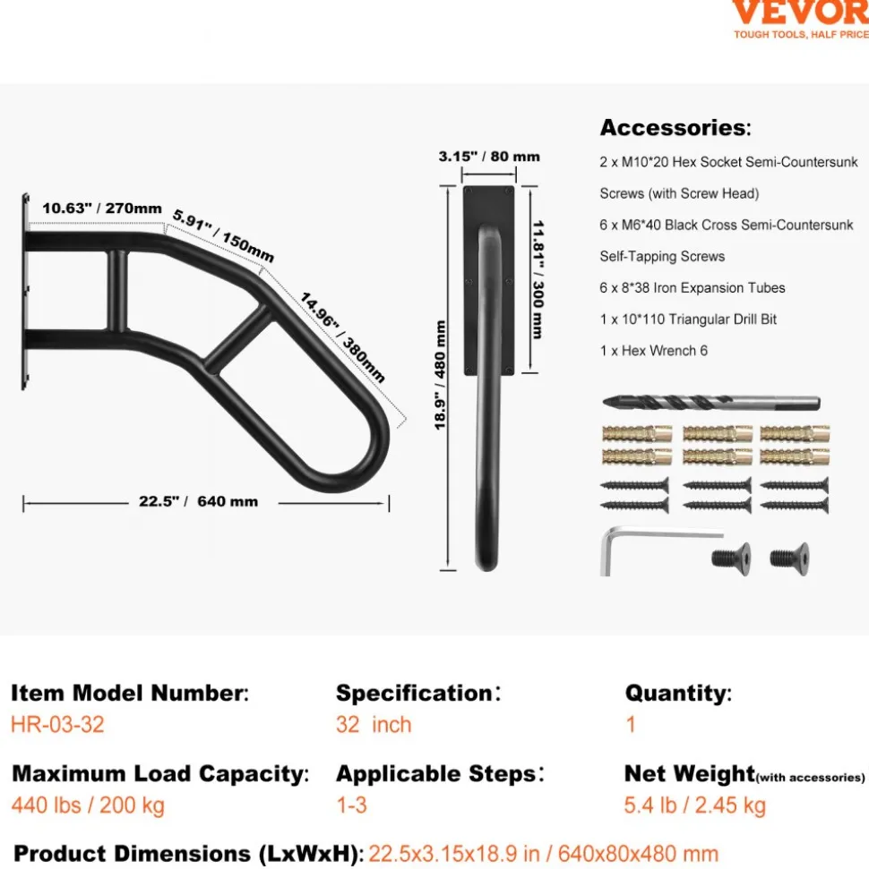 VEVOR Handrails for Outdoor Steps, 32" Length Wall Mount Safety Railings for 1-3 Steps, U-Shaped Handrail with Matte Black Finished, Stair Handrails for Kids, Elderly, Pregnant Women, Disabled