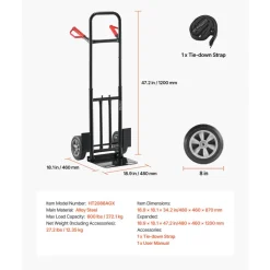 VEVOR Hand Truck, 600 lbs Load Capacity, Heavy-Duty Hand Truck Dolly with Wheels & Telescoping Handle, Portable Dolly with Tie-down Strap for Moving Home, Office, Warehouse, Supermarket