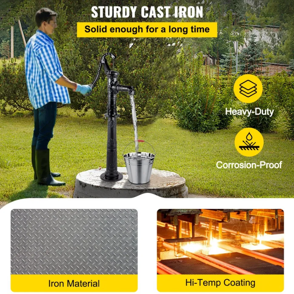 VEVOR Hand Water Pump with Stand 15.7 x 9.4 x 53.1 inch Pitcher Pump & 26 inch Pump Stand with Pre-set 1/2" Holes for Easy Installation Rustic Cast Iron Well Pump for Yard Garden Farm Irrigation Blac