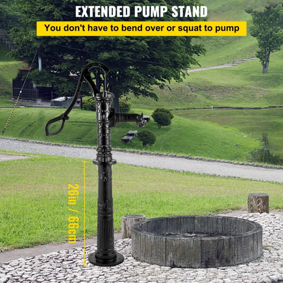 VEVOR Hand Water Pump with Stand 15.7 x 9.4 x 53.1 inch Pitcher Pump & 26 inch Pump Stand with Pre-set 1/2" Holes for Easy Installation Rustic Cast Iron Well Pump for Yard Garden Farm Irrigation Blac