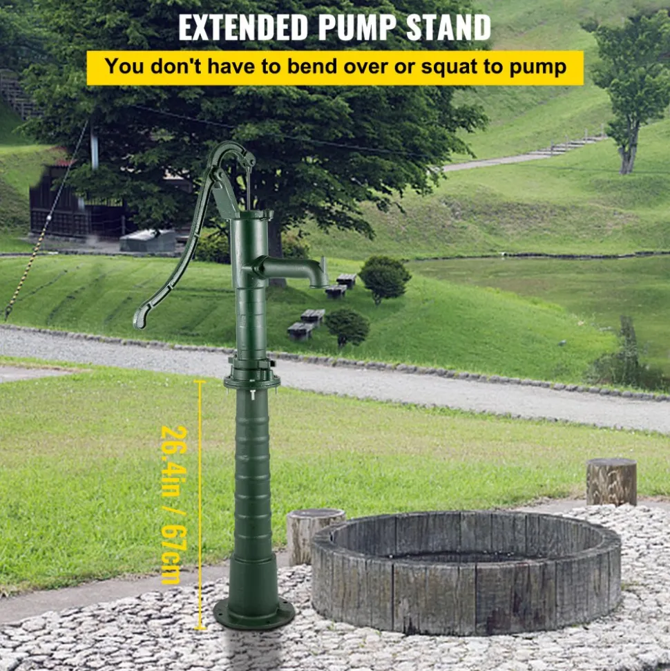 VEVOR Hand Water Pump with Stand, 15.7 x 9.4 x 51.6 inch Pitcher Pump& 26 inch Pump Stand with Pre-set 1/2" Holes for Easy Installation, Rustic Cast Iron Well Pump for Yard, Garden, Farm Irrigation,