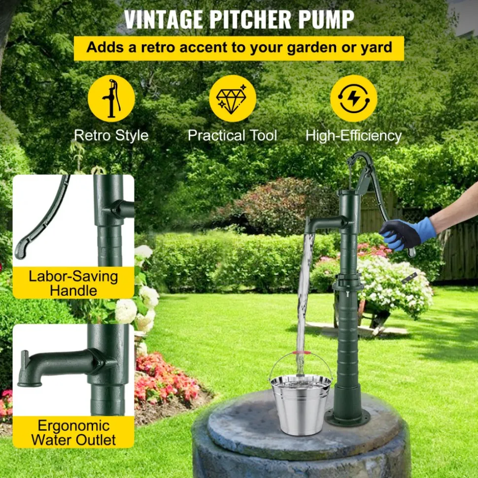 VEVOR Hand Water Pump with Stand, 15.7 x 9.4 x 51.6 inch Pitcher Pump& 26 inch Pump Stand with Pre-set 1/2" Holes for Easy Installation, Rustic Cast Iron Well Pump for Yard, Garden, Farm Irrigation,