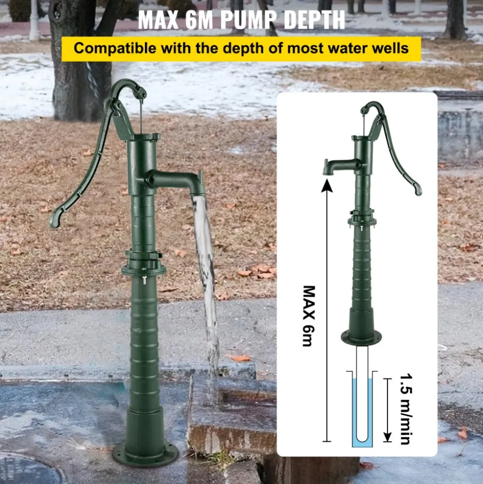 VEVOR Hand Water Pump with Stand, 15.7 x 9.4 x 51.6 inch Pitcher Pump& 26 inch Pump Stand with Pre-set 1/2" Holes for Easy Installation, Rustic Cast Iron Well Pump for Yard, Garden, Farm Irrigation,