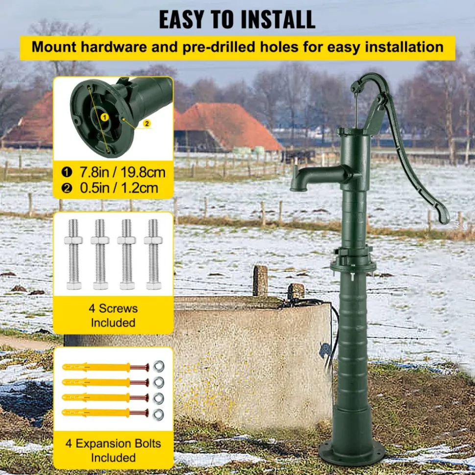 VEVOR Hand Water Pump with Stand, 15.7 x 9.4 x 51.6 inch Pitcher Pump& 26 inch Pump Stand with Pre-set 1/2" Holes for Easy Installation, Rustic Cast Iron Well Pump for Yard, Garden, Farm Irrigation,