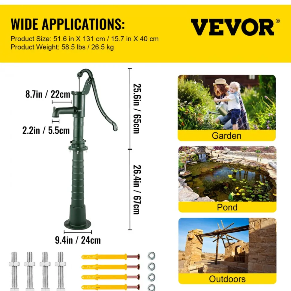 VEVOR Hand Water Pump with Stand, 15.7 x 9.4 x 51.6 inch Pitcher Pump& 26 inch Pump Stand with Pre-set 1/2" Holes for Easy Installation, Rustic Cast Iron Well Pump for Yard, Garden, Farm Irrigation,