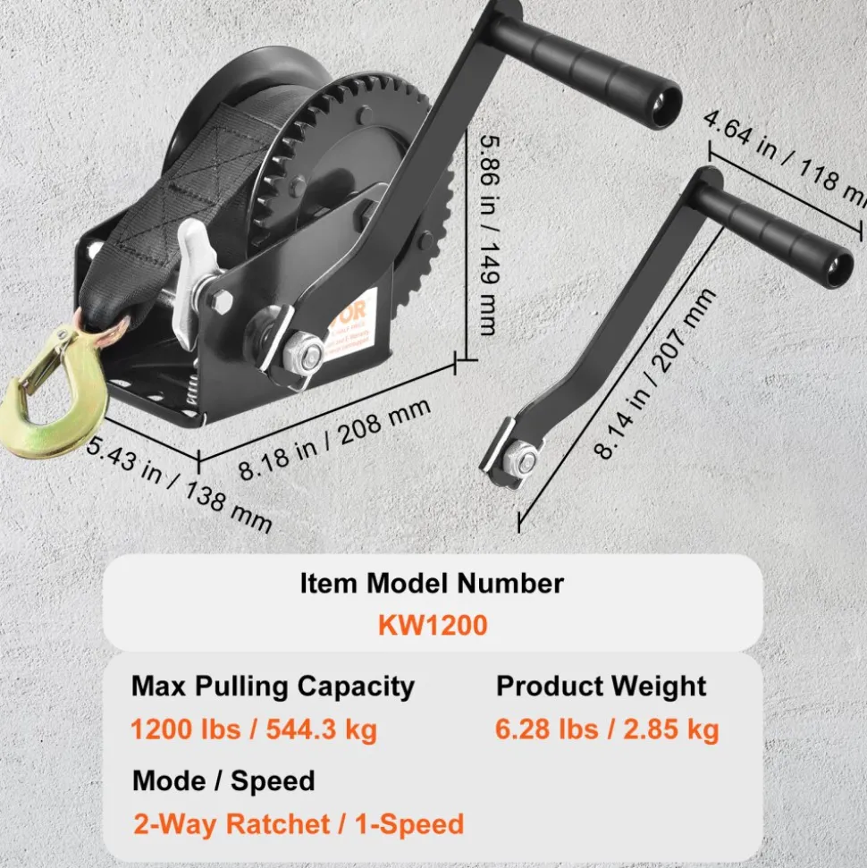 VEVOR Hand Winch, 1200 lbs Pulling Capacity, Boat Trailer Winch Heavy Duty Rope Crank with 23 ft Polyester Strap and Two-Way Ratchet, Manual Operated Hand Crank Winch for Trailer, Boat or ATV Towing