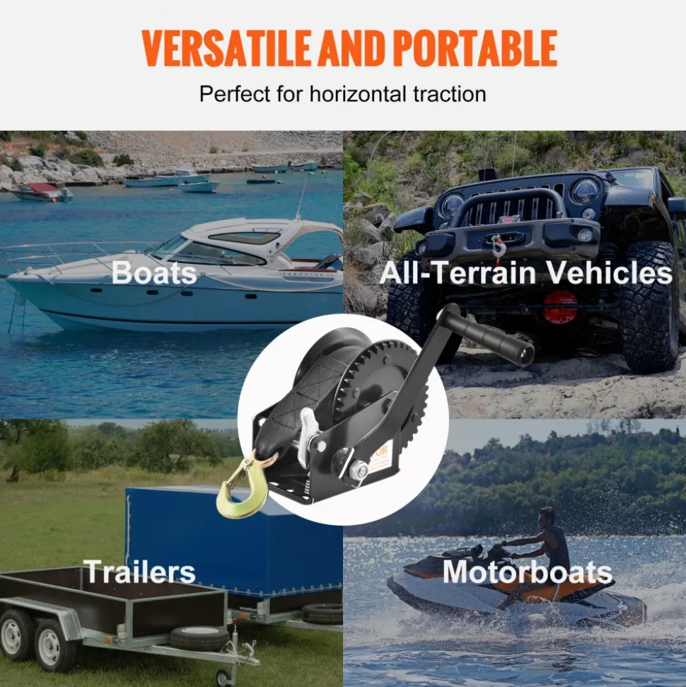 VEVOR Hand Winch, 1200 lbs Pulling Capacity, Boat Trailer Winch Heavy Duty Rope Crank with 23 ft Polyester Strap and Two-Way Ratchet, Manual Operated Hand Crank Winch for Trailer, Boat or ATV Towing