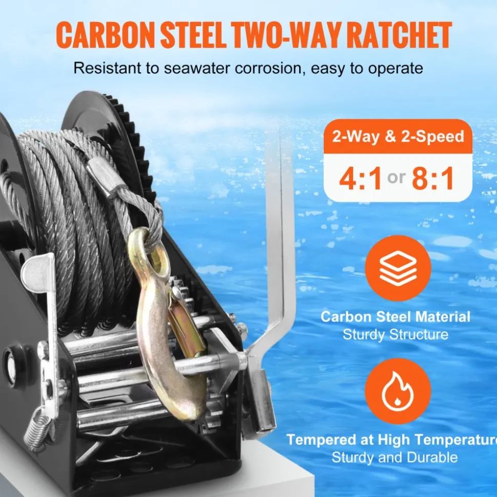 VEVOR Hand Winch, 3500 lbs Pulling Capacity, Boat Trailer Winch Heavy Duty Rope Crank with 33 ft Steel Wire Cable and Two-Way Ratchet, Manual Operated Hand Crank Winch for Trailer, Boat or ATV Towing