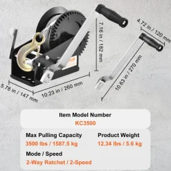 VEVOR Hand Winch, 3500 lbs Pulling Capacity, Boat Trailer Winch Heavy Duty Rope Crank with 33 ft Steel Wire Cable and Two-Way Ratchet, Manual Operated Hand Crank Winch for Trailer, Boat or ATV Towing