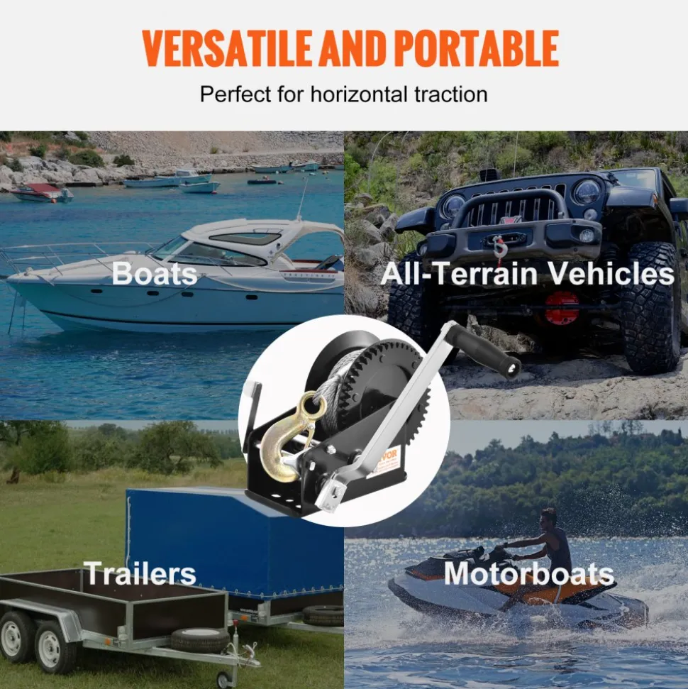 VEVOR Hand Winch, 3500 lbs Pulling Capacity, Boat Trailer Winch Heavy Duty Rope Crank with 33 ft Steel Wire Cable and Two-Way Ratchet, Manual Operated Hand Crank Winch for Trailer, Boat or ATV Towing