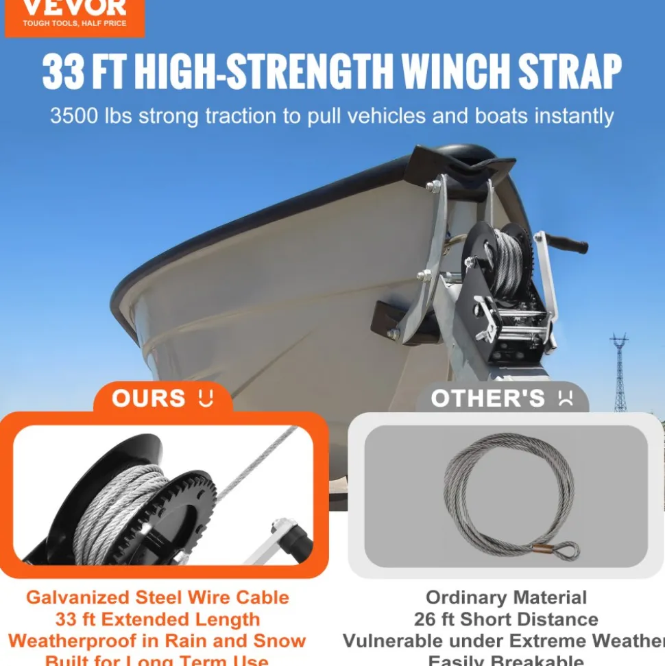 VEVOR Hand Winch, 3500 lbs Pulling Capacity, Boat Trailer Winch Heavy Duty Rope Crank with 33 ft Steel Wire Cable and Two-Way Ratchet, Manual Operated Hand Crank Winch for Trailer, Boat or ATV Towing