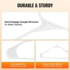 VEVOR Hangers, 0.2 in Ultra-Thin, 50 Pack White Plastic Hangers with Stable Triangular Top Structure & Wider Notch Design , Non-Slip Space Saving Hangers, Fit for T-Shirt, Shirt, Sling & Pant