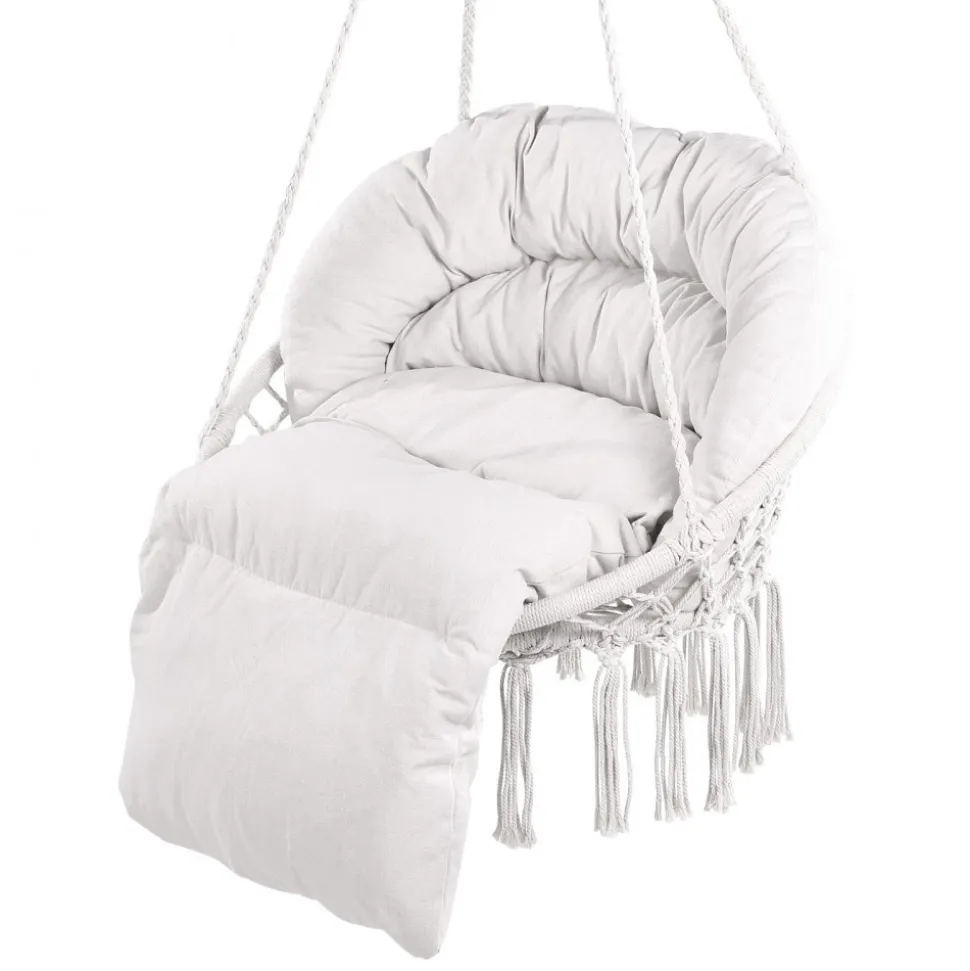 VEVOR Hanging Hammock Swing Chair, 330 Lbs Capacity, Macramé Hanging Chair with Cushion and Mounting Hardware, Cotton Rope Swing Chair for Bedroom, Balcony, Patio, Garden, Beige