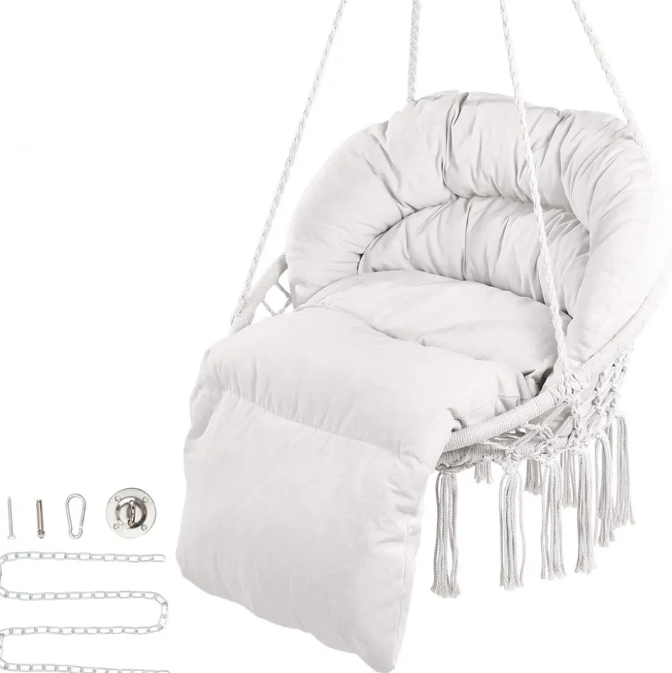 VEVOR Hanging Hammock Swing Chair, 330 Lbs Capacity, Macramé Hanging Chair with Cushion and Mounting Hardware, Cotton Rope Swing Chair for Bedroom, Balcony, Patio, Garden, Beige