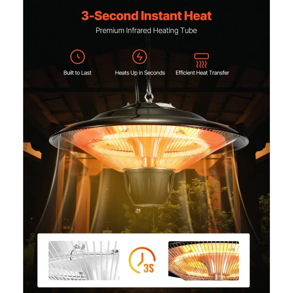 VEVOR Hanging Patio Heater, 1500W Electric Space Infrared Heater, IP34 Protection with 23.6 inch Pull Cord & Adjustable Chain, for Porch,Patio,Dining Room,Studio Outdoor/Indoor