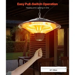 VEVOR Hanging Patio Heater, 1500W Electric Space Infrared Heater, IP34 Protection with 23.6 inch Pull Cord & Adjustable Chain, for Porch,Patio,Dining Room,Studio Outdoor/Indoor