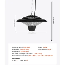 VEVOR Hanging Patio Heater, 1500W Electric Space Infrared Heater, IP34 Protection with 23.6 inch Pull Cord & Adjustable Chain, for Porch,Patio,Dining Room,Studio Outdoor/Indoor