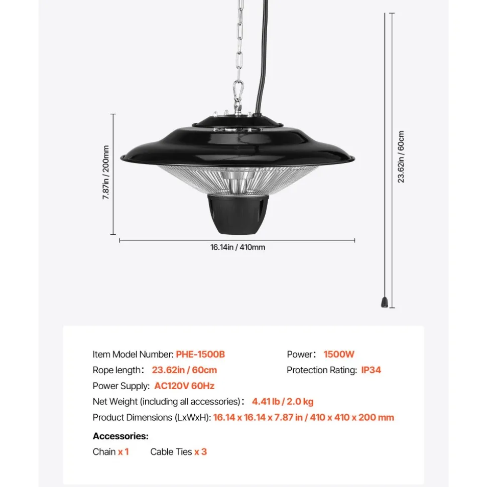VEVOR Hanging Patio Heater, 1500W Electric Space Infrared Heater, IP34 Protection with 23.6 inch Pull Cord & Adjustable Chain, for Porch,Patio,Dining Room,Studio Outdoor/Indoor
